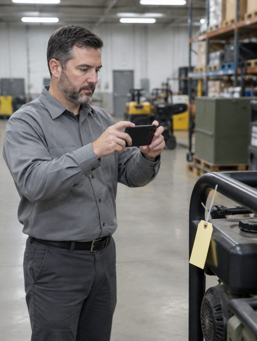 A technician photographs a tagged product in a warehouse