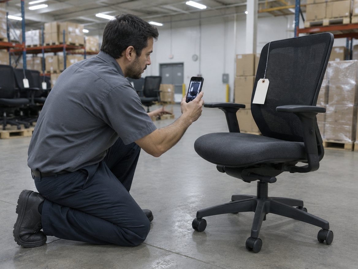 A technician photographs a tagged office chair on a warehouse floor