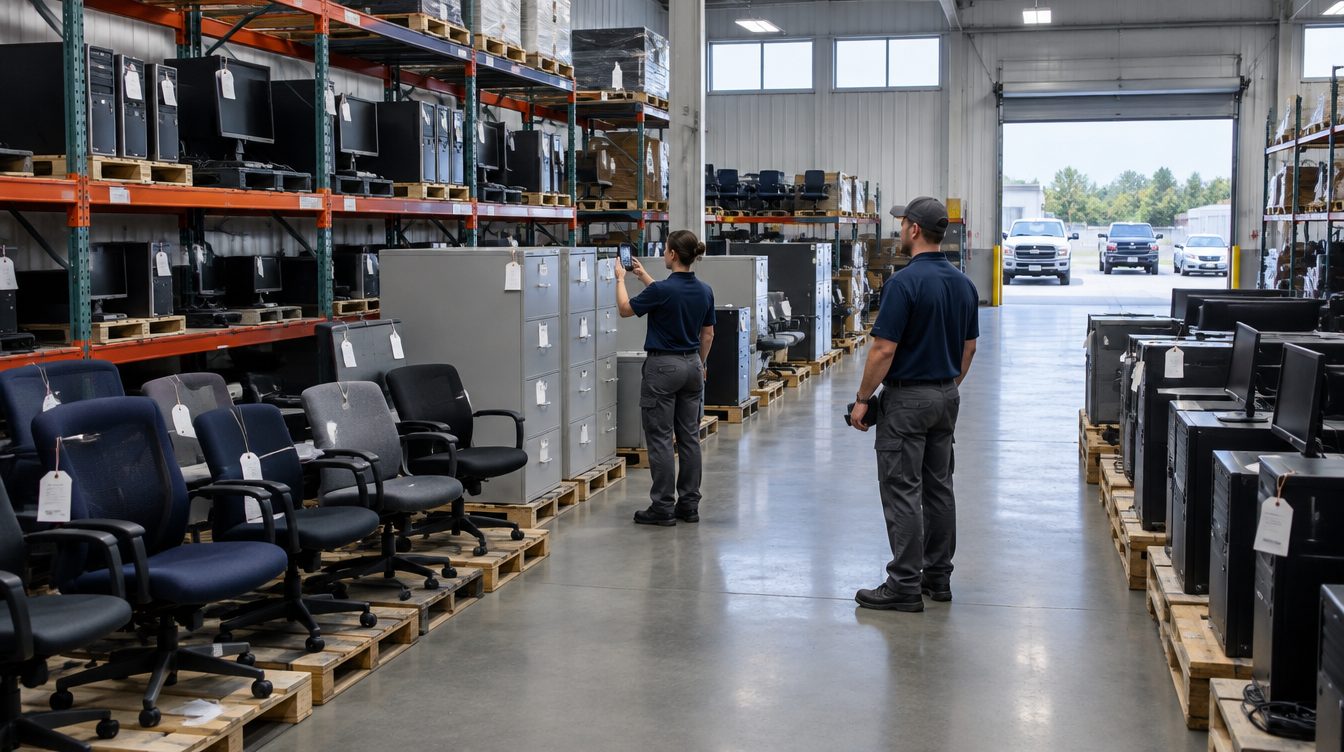 Two state employees record surplus office furniture and computers in a warehouse before public sale