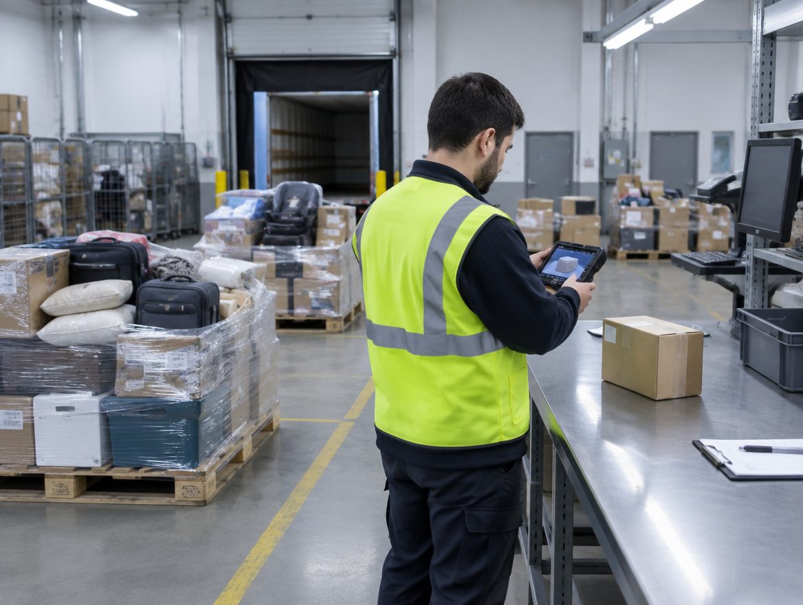 A returns associate records an item at a warehouse receiving bench