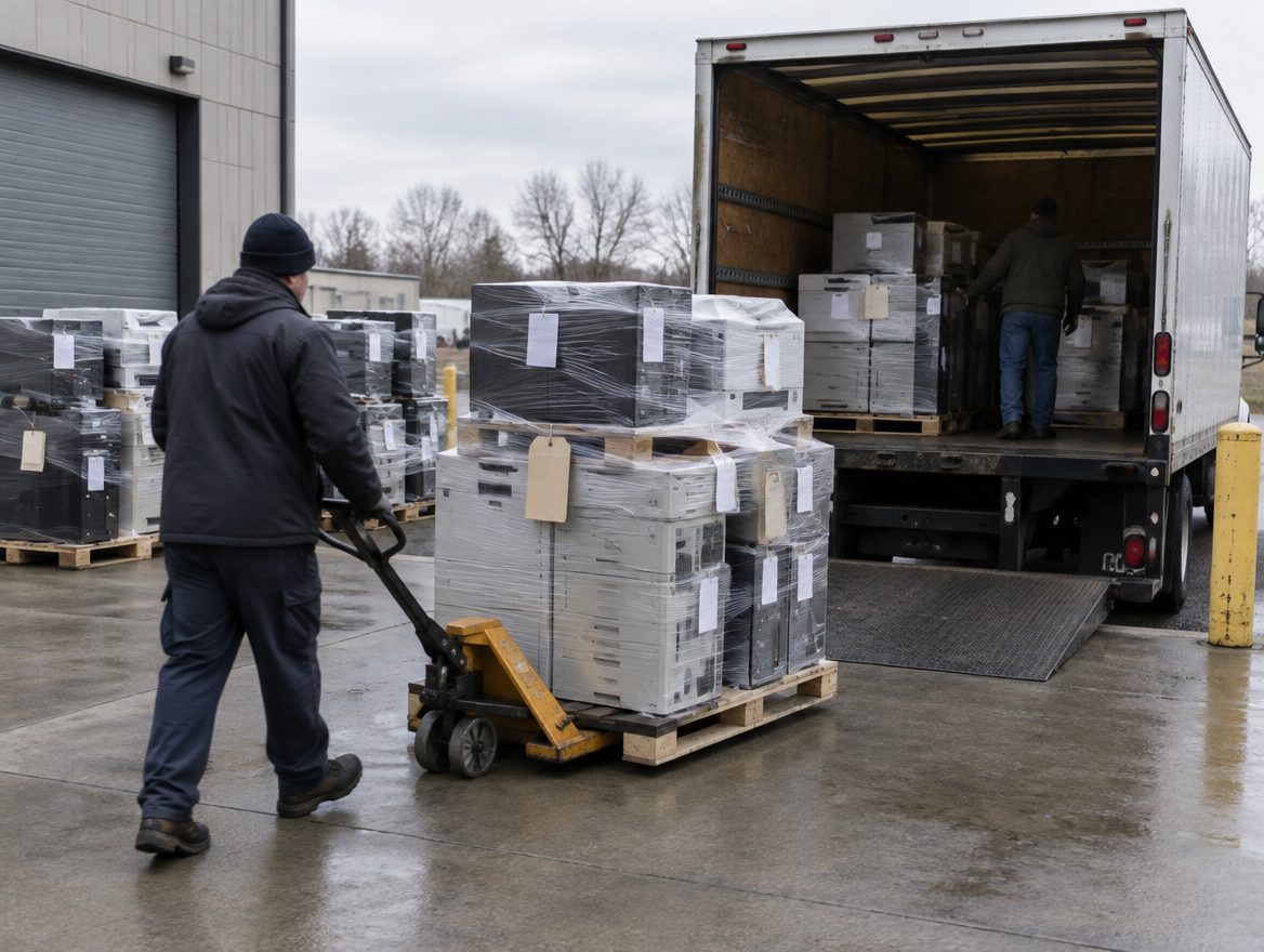 A worker moves palletized returns toward a truck at a loading dock
