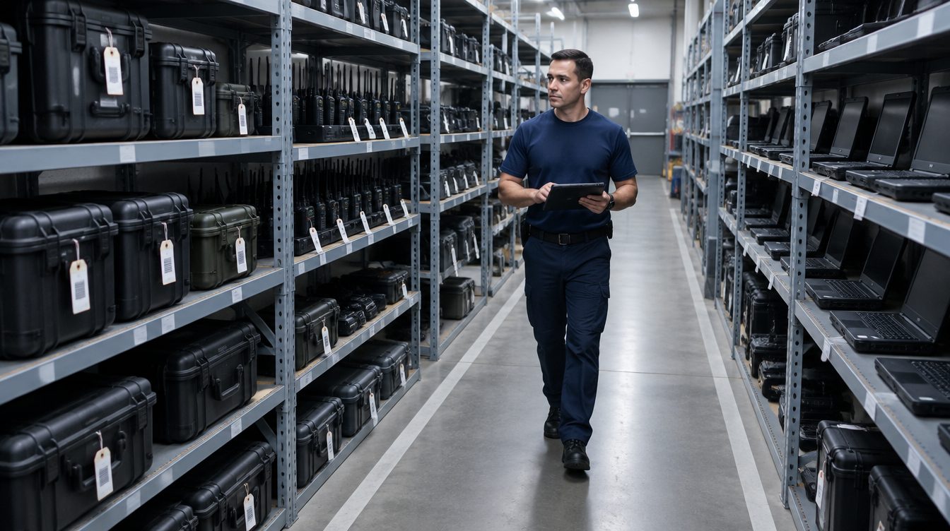 A federal property officer walks a storage aisle of tagged equipment cases with a tablet
