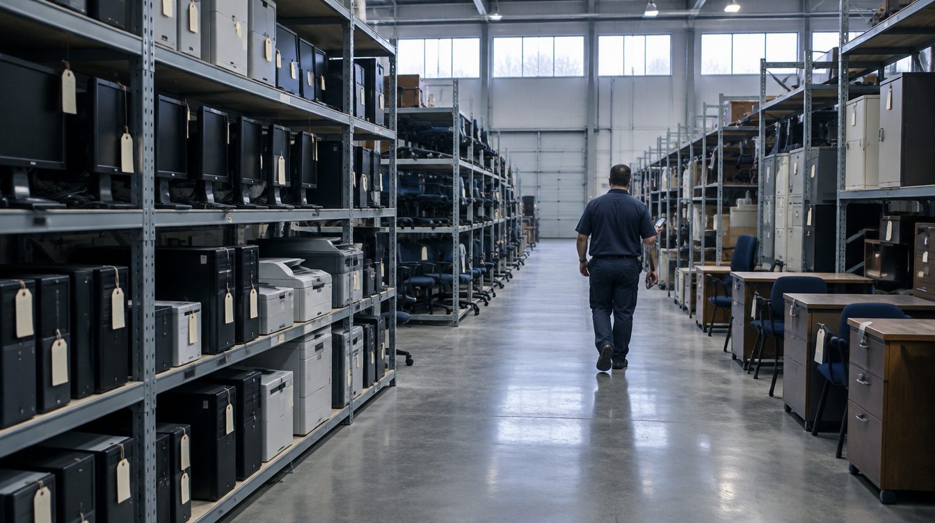 A property officer walks a state warehouse aisle lined with tagged equipment