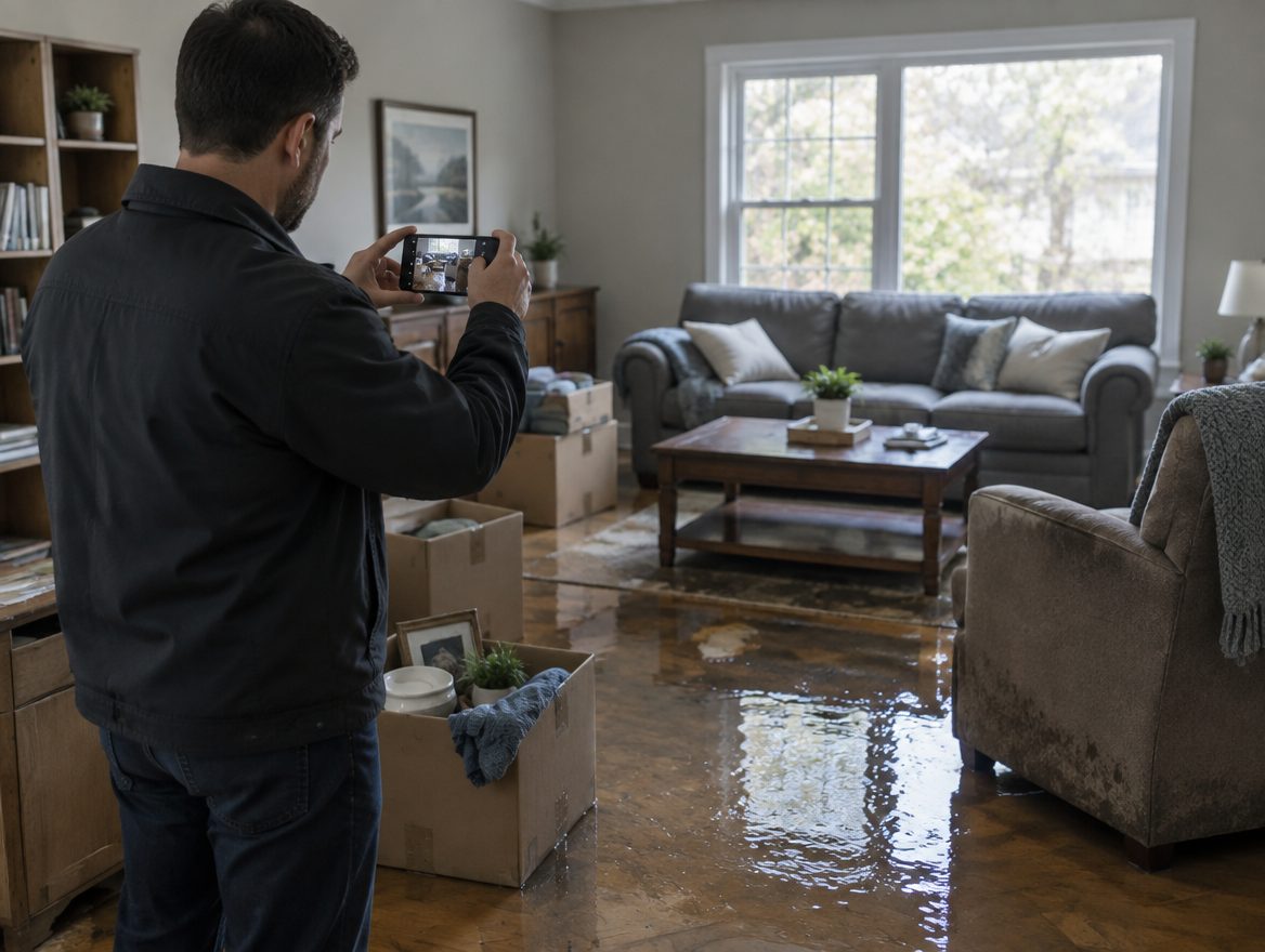 An adjuster photographs contents in a water damaged living room