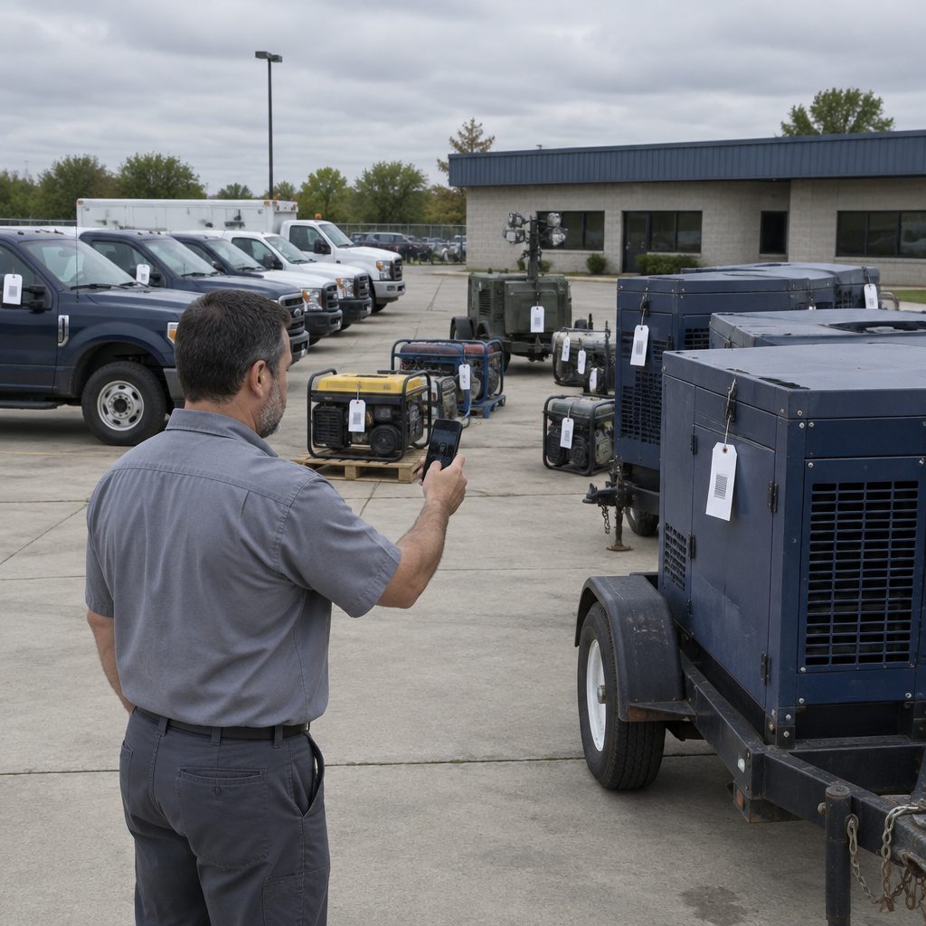 A state surplus officer captures a generator in a fleet yard with a phone