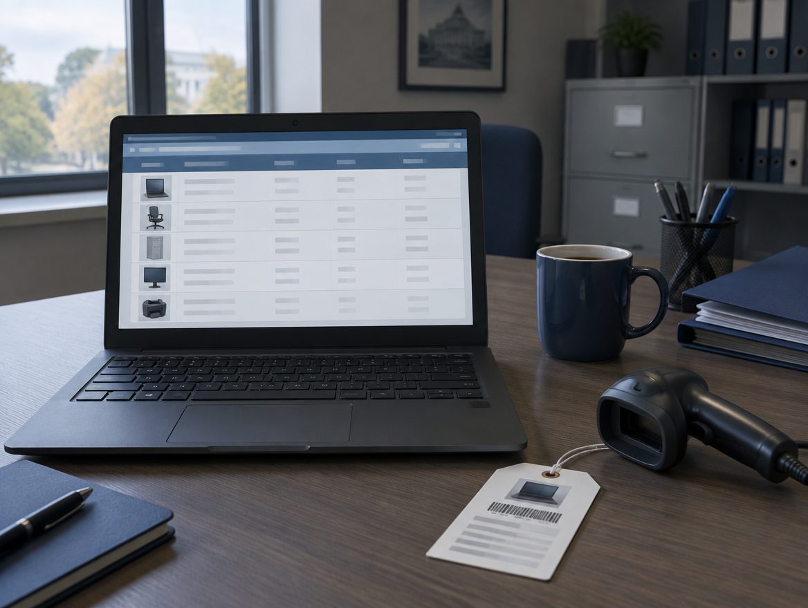 A property register open on a laptop beside a barcode scanner and an asset tag
