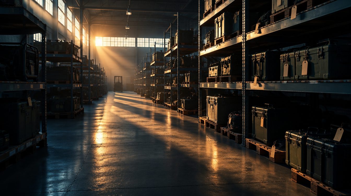 A third party logistics warehouse aisle at dusk with racked returns